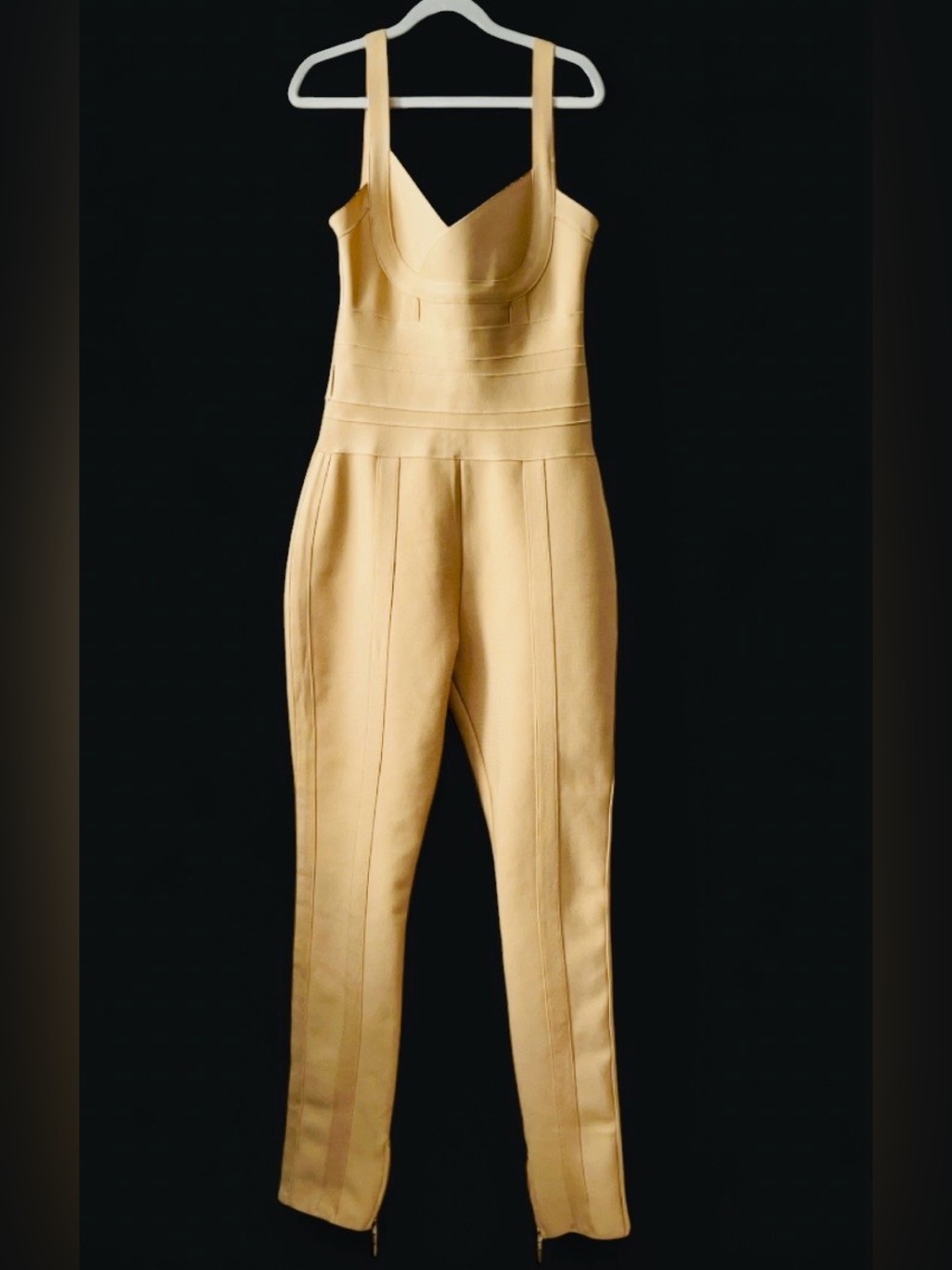 Bella Barnett Form Fitting Sleek Cream Sleeveless Jumpsuit
